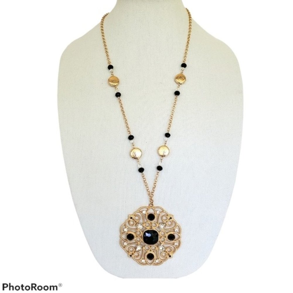 Monroe & Main Crystal Medallion Long Necklace 32" Gold Black